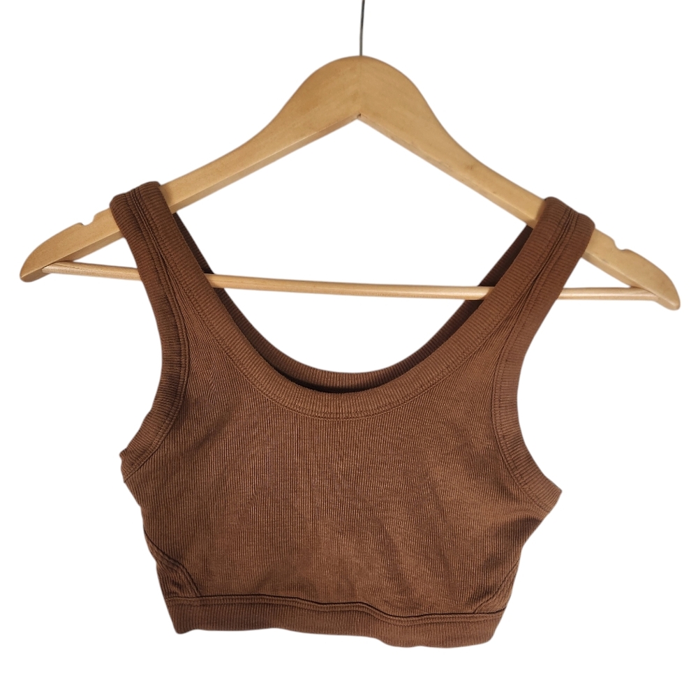 Lululemon LA Reversible Super-Cropped Tank Top Size 4 Brown Navy Ribbed‎